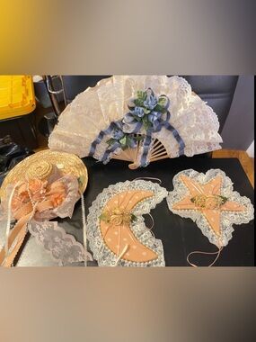4 Shabby Chic Wall Decor, Star, Moon, Fan & Hat Handmade W/ Lace Pearls Ribbons